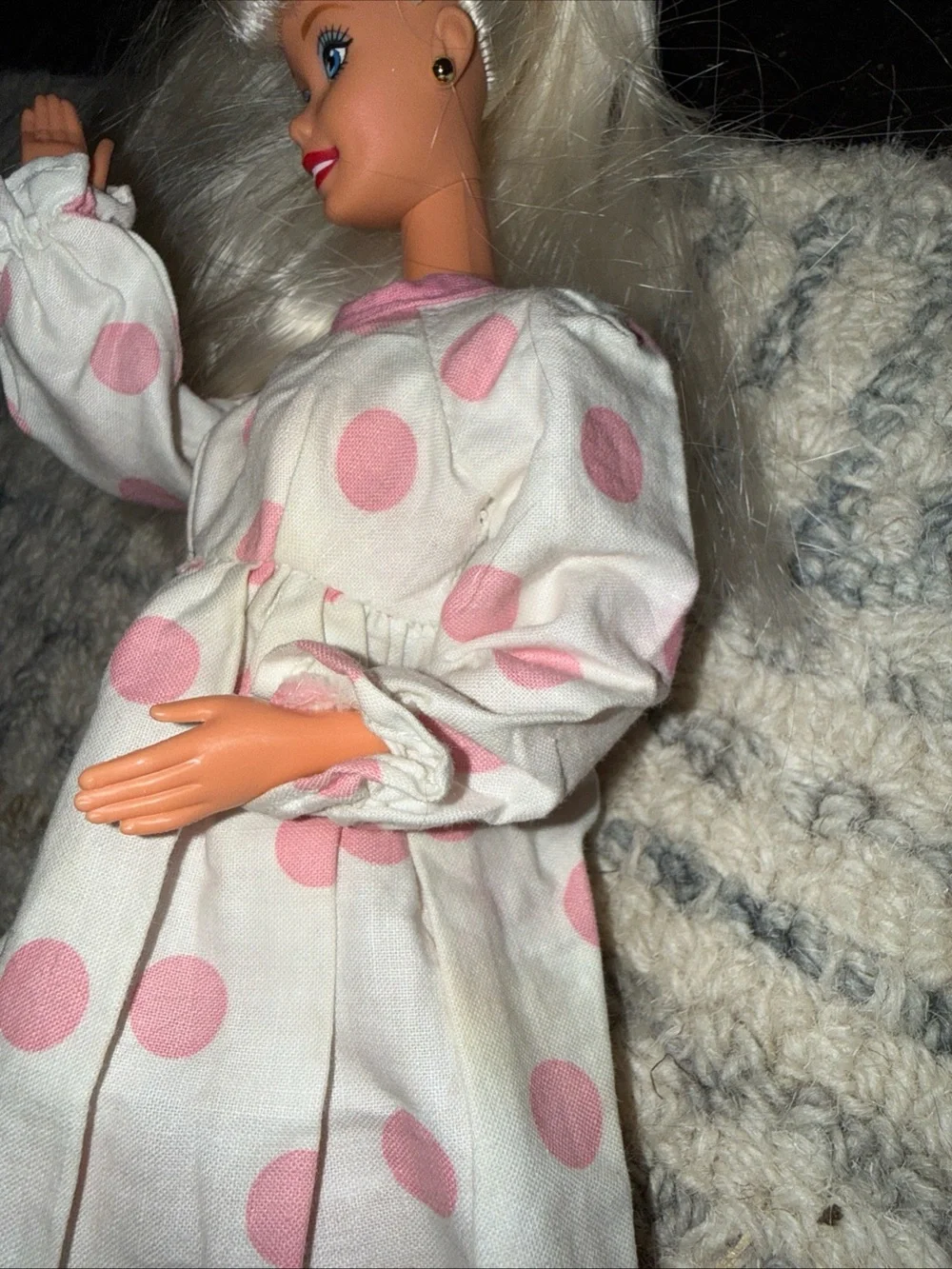 Barbie vintage white long sleeve pink polka dot dress and purse